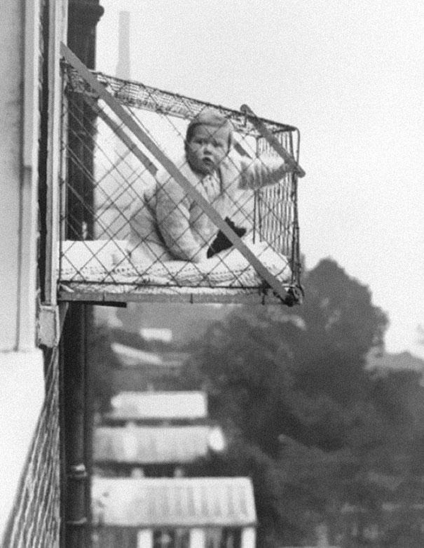 12.) These baby cages were used in apartments in the 1930s to make sure the child got enough fresh air and sunlight. And danger.