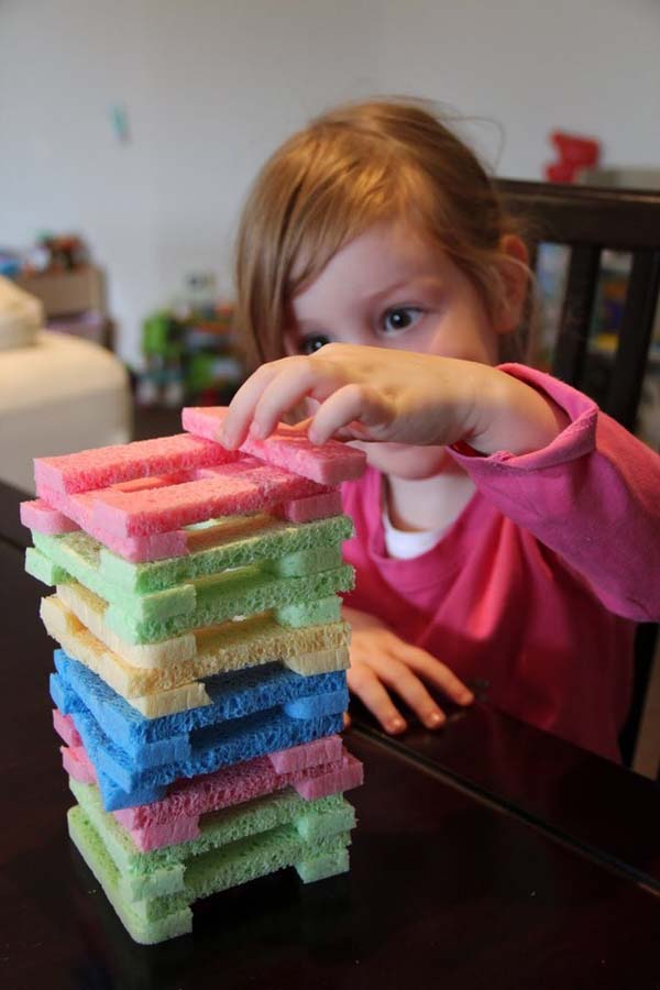 9.) Create a quiet, safe game of Jenga by using cut-up sponges.