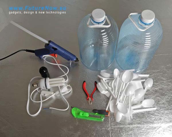 4.) Combining plastic spoons and water jugs can make a great lamp.