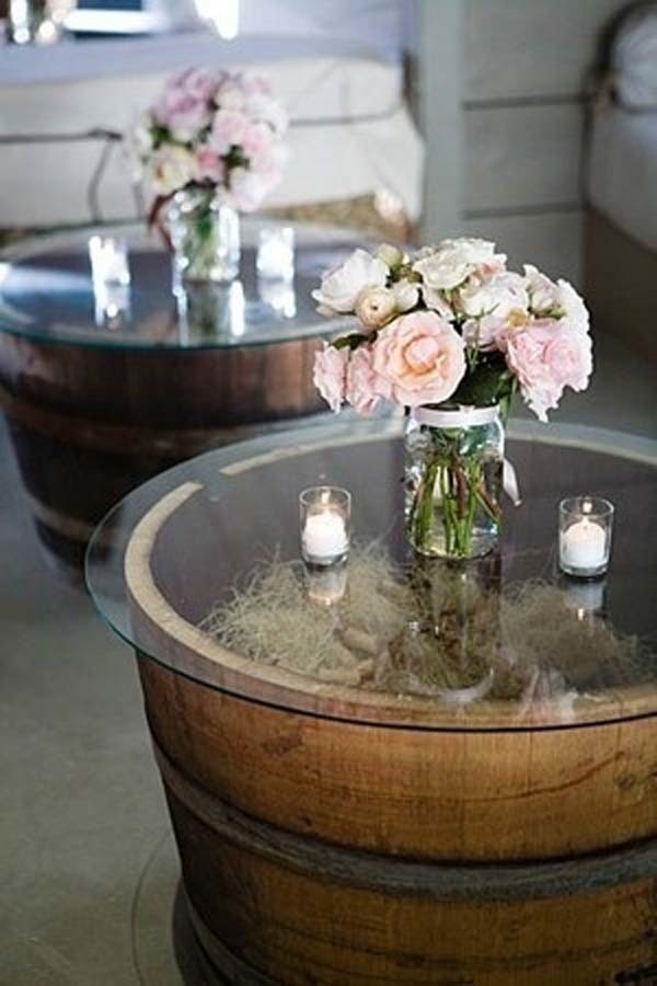 17.) Build simple, rustic coffee tables out of whiskey barrels.