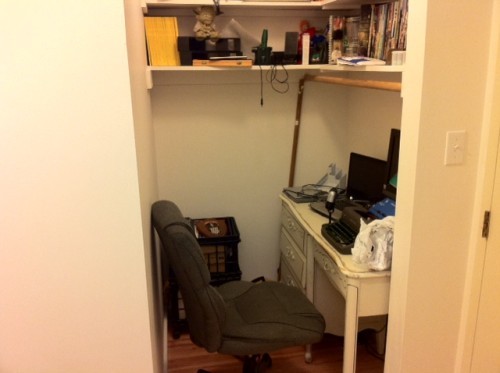 The author decided to put a small desk and a chair in the closet, along with his computer and typewriter. Not bad. A little cramped.
