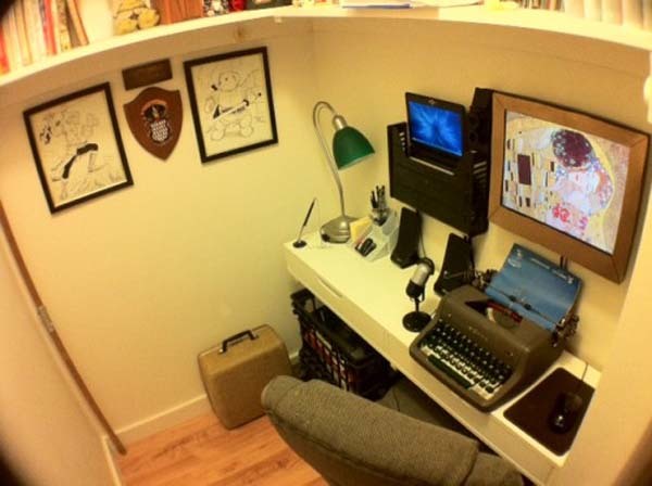 By buying shelves with shallow drawers, mounting his laptop and finding some space-saving solutions from Ikea (and his own brain of course), he began to make progress.
