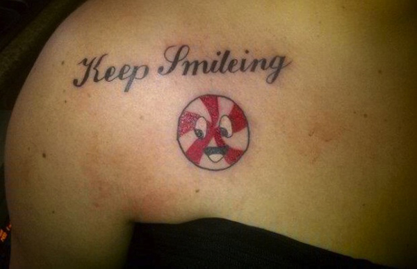 First, there's the misspelling. Then there's that creepy peppermint (?). Hold me.