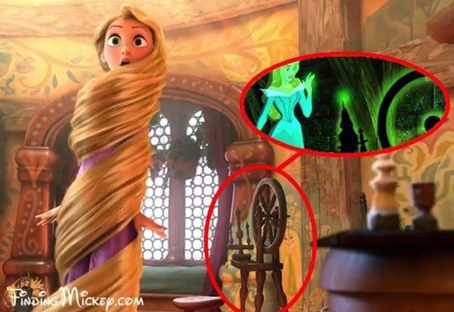 Sleepy Beauty's spinning wheel can be found in Rapunzel's tower in Tangled.