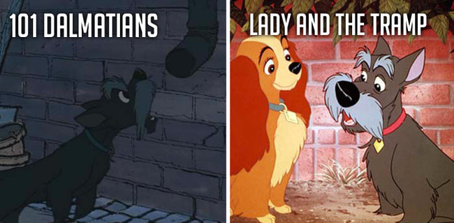Jock, from Lady and the Tramp, helps the pups during 101 Dalmatians.