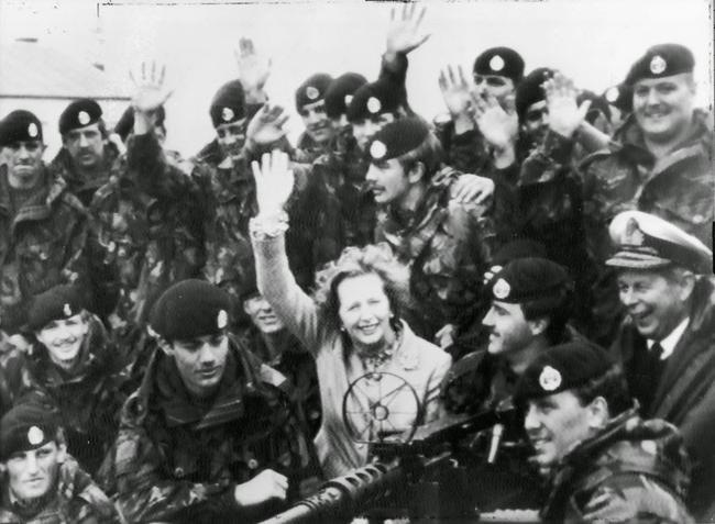 Margret Thatcher with British troops after the surrender of Argentina in the Falklands War.