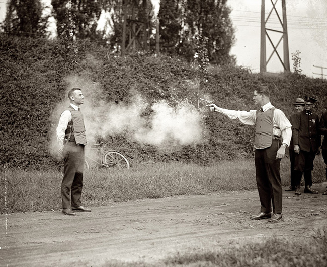 The testing of a bulletproof vest in 1923.
