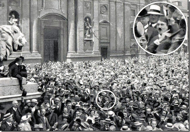 Adolf Hitler spotted in a crowd cheering on the start of World War I in 1914.