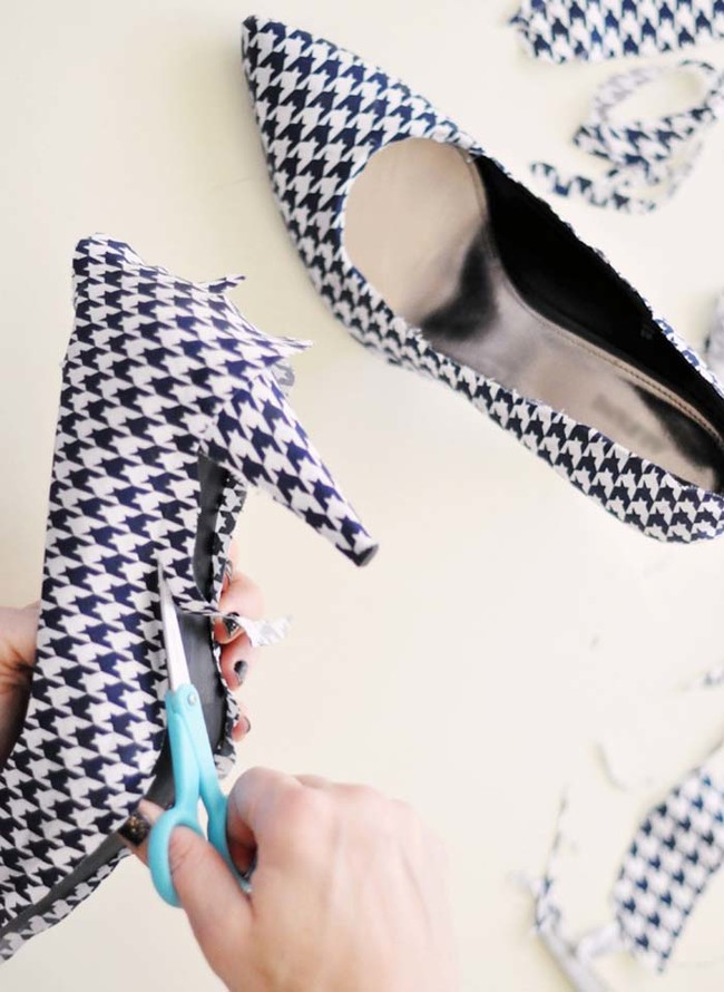Use fabric glue to redesign a pair of high heels. 