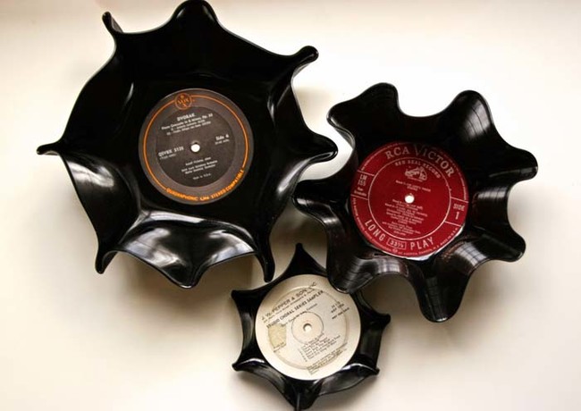 Old records are cheap at thrift stores. Use your oven to turn them into retro bowls. 