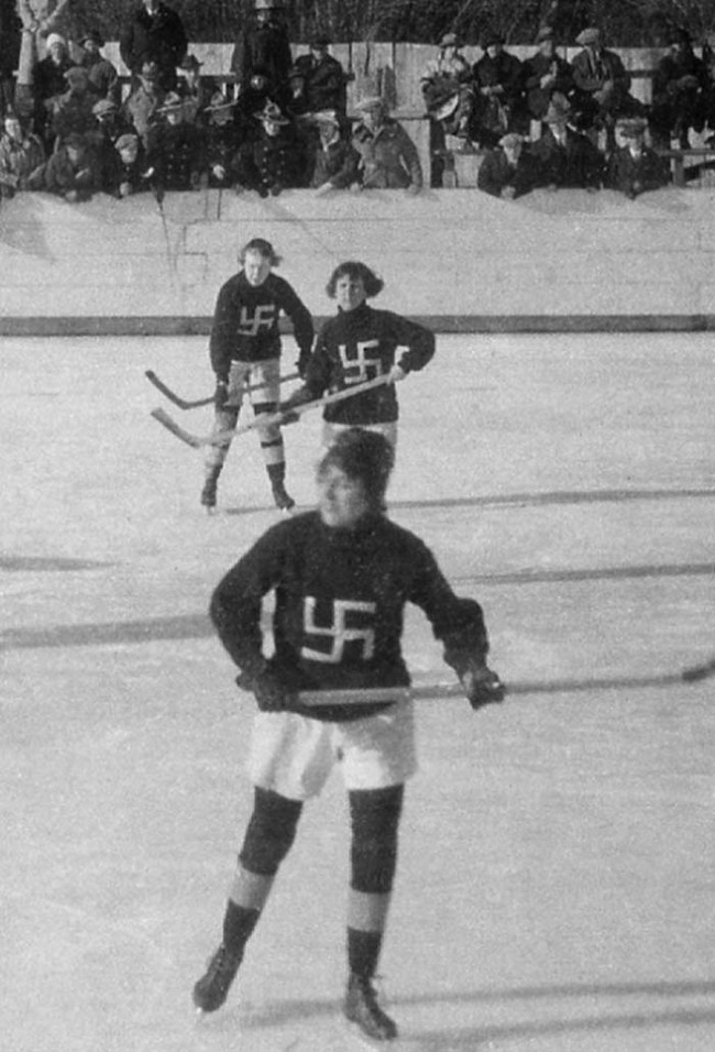 The Swastikas girls' hockey team from Edmonton, Canada, around 1916.