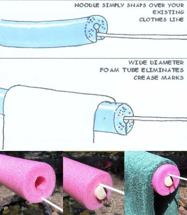 Get rid of crease marks in clothes that have to be line-dried by putting a pool noodle over the cord.