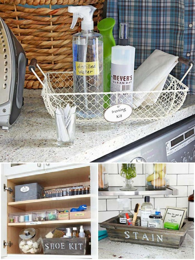 Organize your laundry supplies into kits. You'll never forget how to clean shoes or remove stains again. 