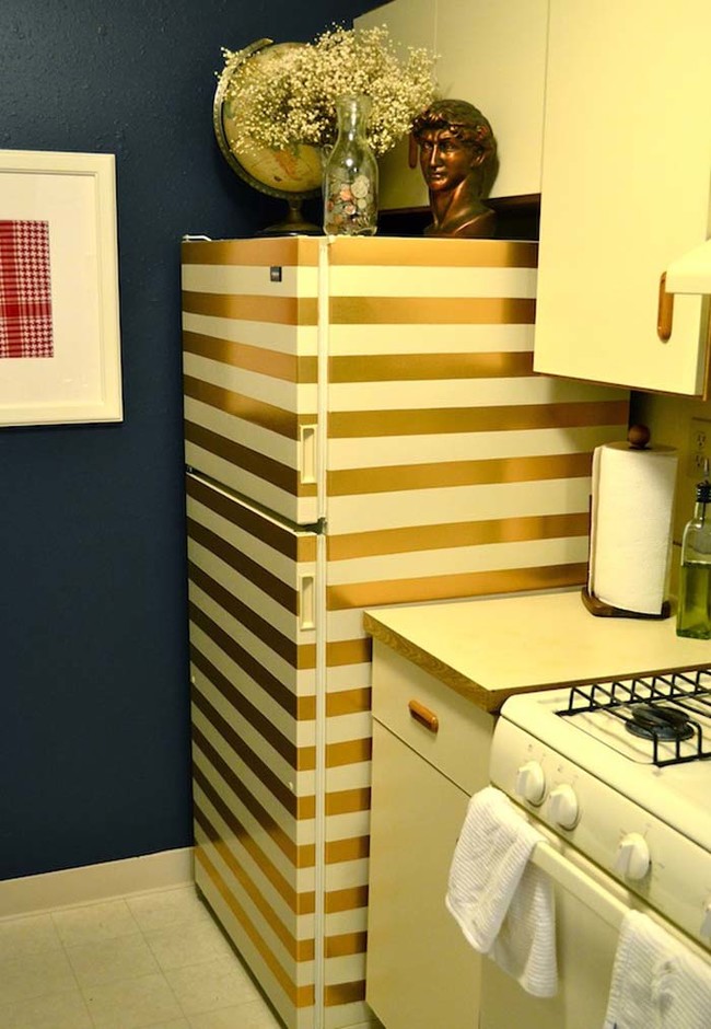 Upgrade your fridge with metallic duct tape stripes.
