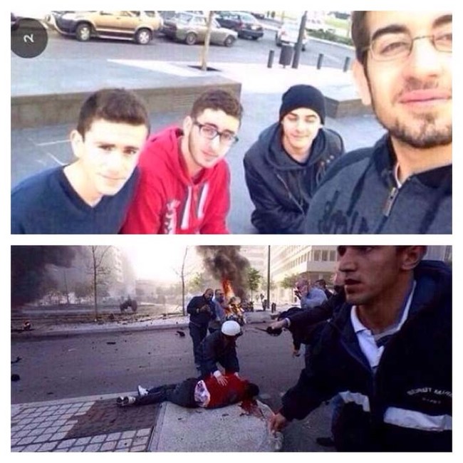 A group of friends in Beirut, Lebanon, moments before a car bomb explosion, and then moments after. (The bomb was in the gold car you see in the first photo.)