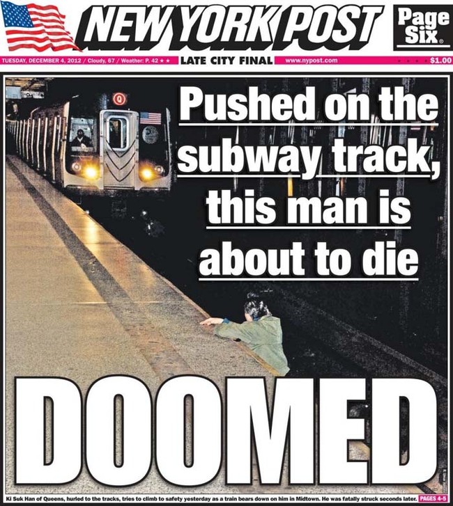 This man is unable to get off the subway tracks in New York City with a train bearing down.