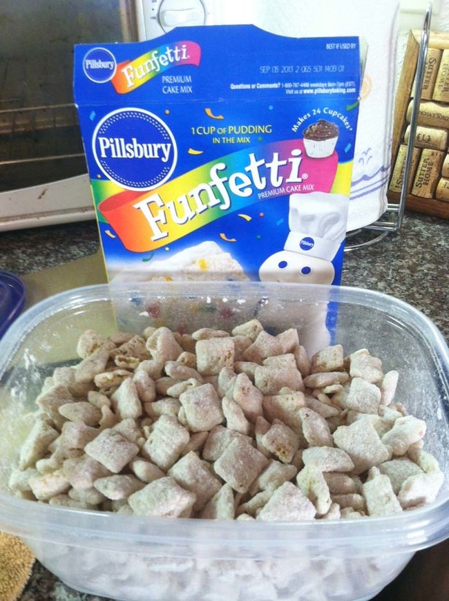 Funfetti puppy chow has Chex, cake mix, powdered sugar, and white chocolate chips...excuse me while I drool.