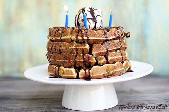 Breakfast food can be a birthday cake, too with these funfetti waffles!
