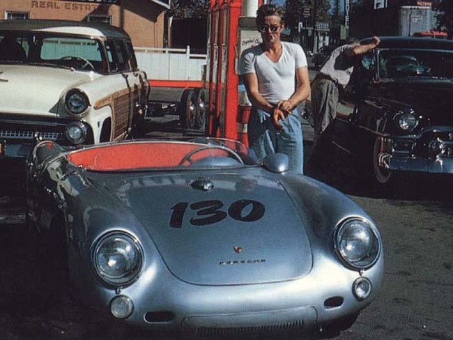 James Dean at a gas station with his Porsche just hours before his fatal car crash in 1955.
