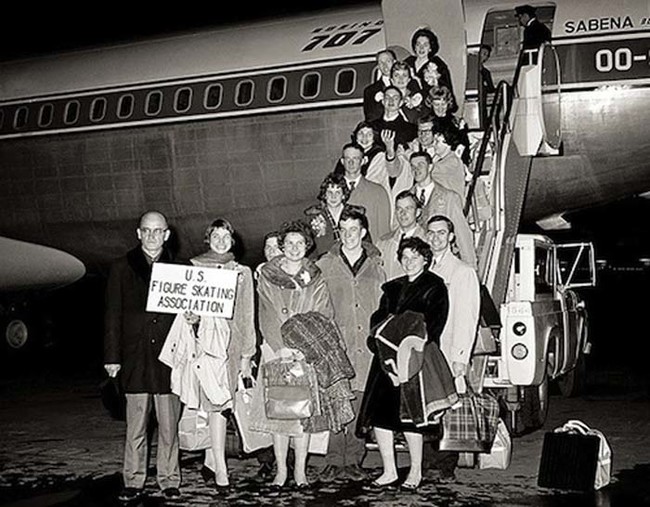 The 1961 U.S. figure skating team posing for a photo before their flight to the World Figure Skating Championship in Belgium. The plane crashed while attempting to land.