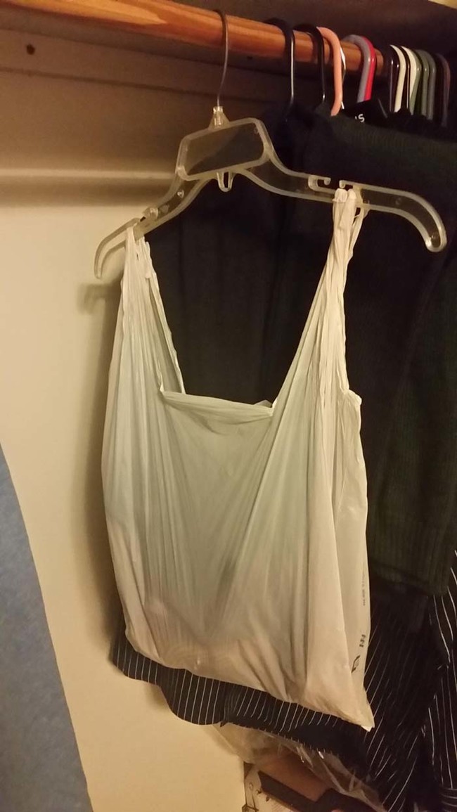 If you're out of drawer space for socks, put a grocery bag on a hanger in the closet. Instant storage!