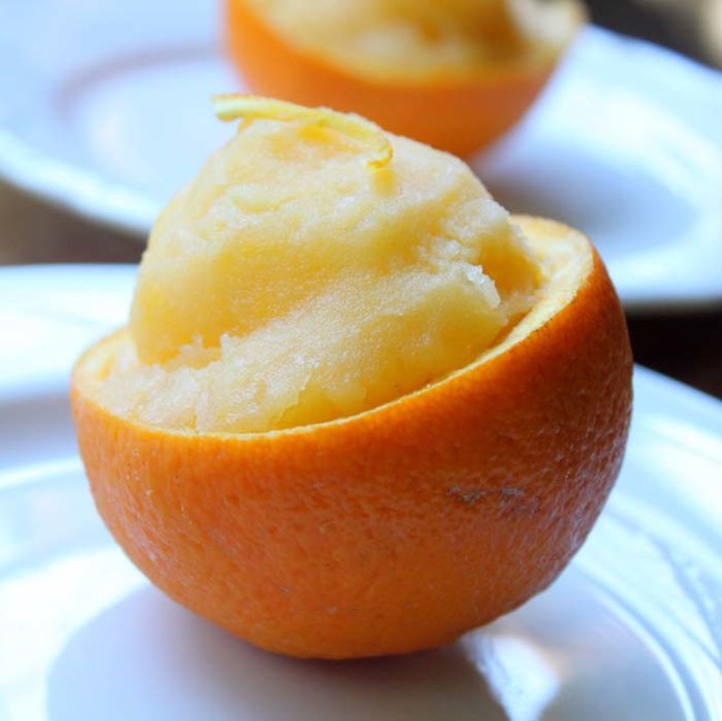 Scoop the fruit out of oranges and use the peels as decorative bowls for sorbet. 