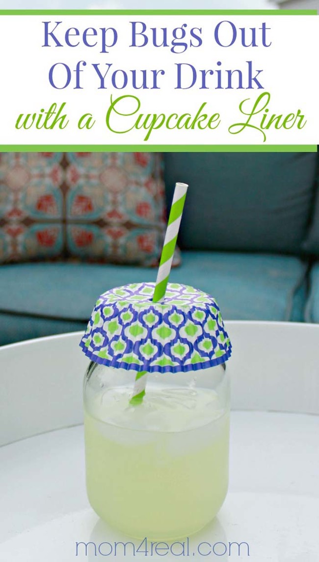 A cupcake liner attached to a straw keeps bugs out of sugary drinks.