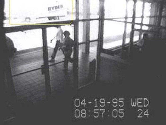 Surveillance footage of American terrorist Timothy McVeigh stopping in his rental truck to light the fuse. Minutes later, the truck exploded in front of the Oklahoma federal building. The attack killed 168 people.