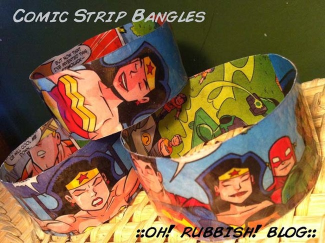 These decoupaged comic book bangles are made from an old water bottle.
