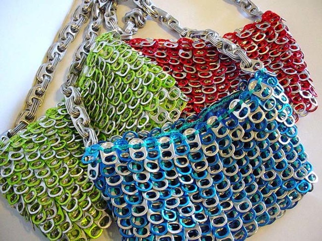 These purses are woven with embroidery floss and soda tabs.