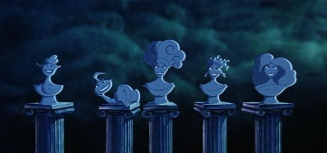 The muses of "Hercules" sing while appearing as marble busts during the song "I Won't Say I'm In Love" positioned in the same way as the singing heads from the Haunted Mansion ride.