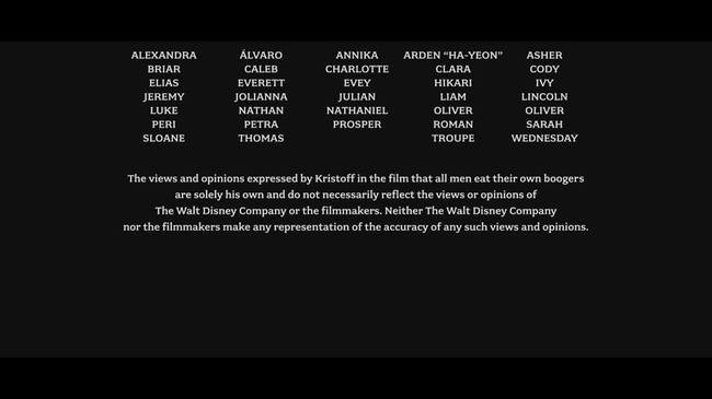 Disney comments on Kristoff's assertion that all men eat their own boogers at the end of the credits of "Frozen".