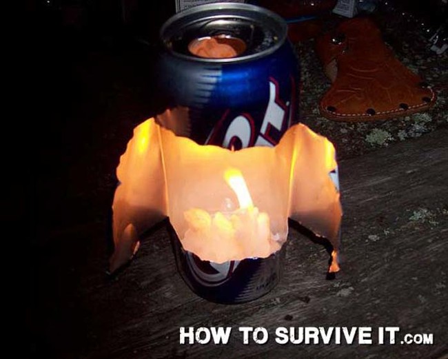 Here's an easy way to make a super-bright lantern: cut open a beer or soda can, and set a votive candle inside. The tin will reflect the light.