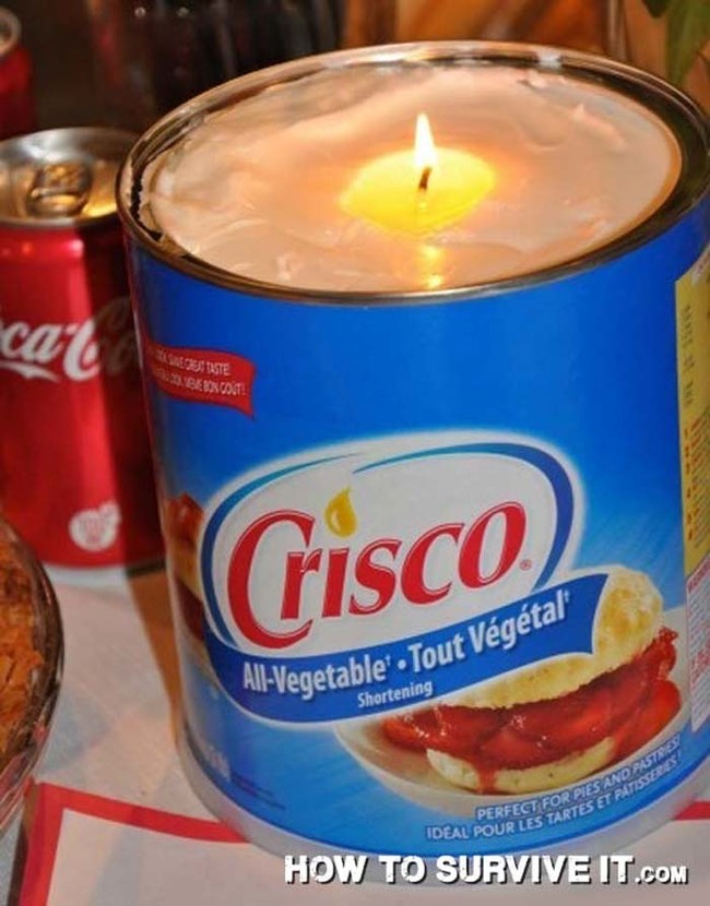 Put a wick in a jar of vegetable shortening for a long-lasting candle.