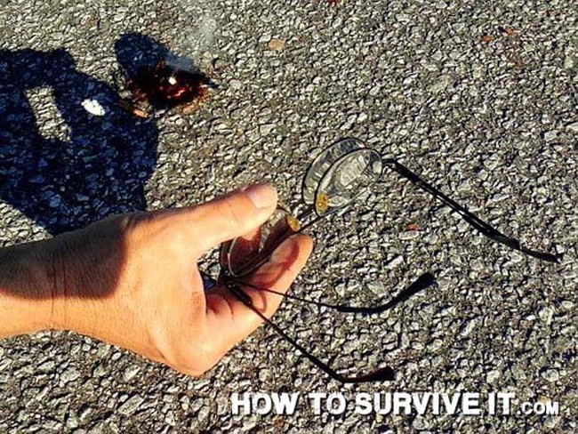 You can fashion a makeshift magnifier with your glasses and use the sun to start afire.