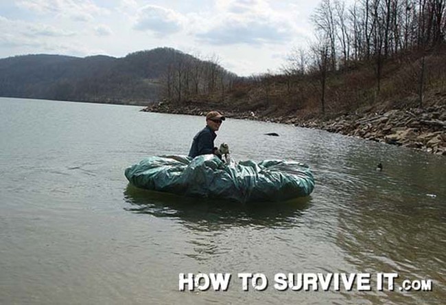 To make a small raft, cover a bunch of branches with a tarp.