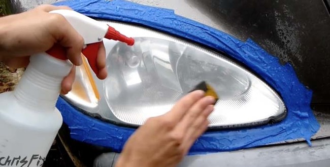The water keeps the sandpaper from creating scratches that are too deep, and the horizontal scratches keep the clear coat from dripping down the headlight.