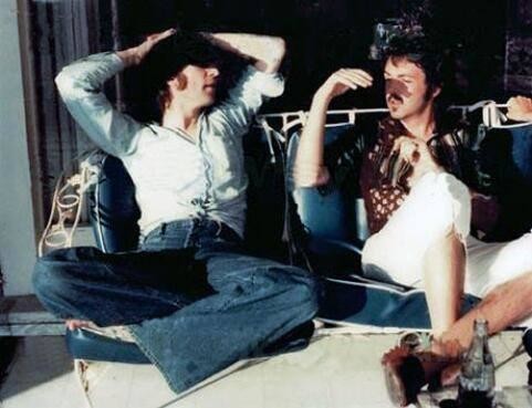Last known photo of Lennon and McCartney together in 1974, before Lennon's assassination.