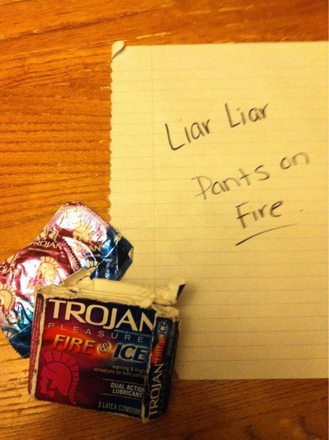 Mrs. Liar found these condoms left behind and decided to leave a little note.