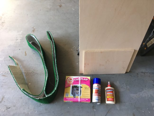 Aside from the chest, he gathered up some plywood for the base and door, the door itself, adhesive, velcro strips, and some crafting turf.