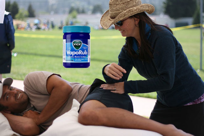 Instead of paying for a sports massage, gently rub a sore muscle with Vicks. Cover the area with a towel and elevate the spot. The soreness should lessen.