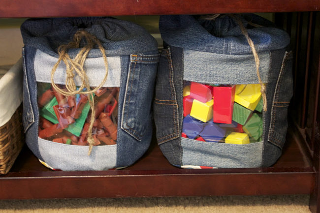 Keep all your kid's toys together in these jean bins.