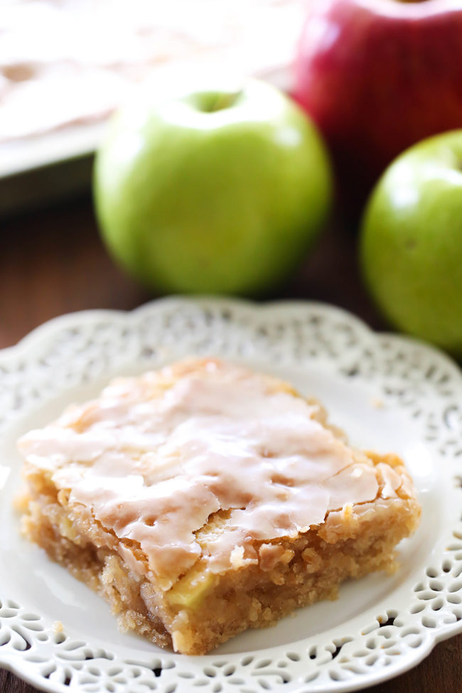 Good luck trying not to eat the whole sheet of this scrumptious caramel apple cake.