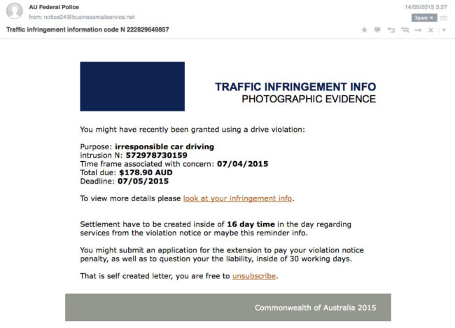 This "traffic infringement" email sent to pavTheory looks completely legitimate.