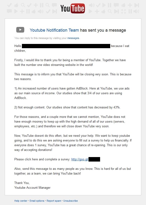 User jacketsj found out that YouTube needs help because it doesn't have enough "mooney." Oh, and the manager eats children.