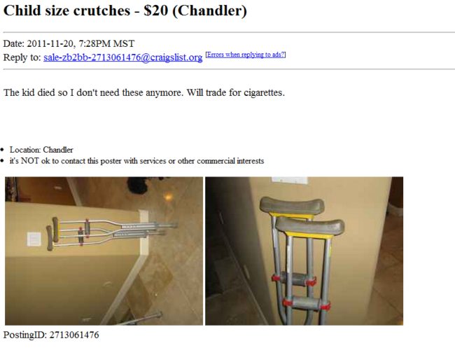 A dead boy's crutches in exchange for cigarettes.What a world we live in.