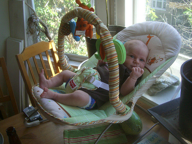 Swinging in any baby chair with a crank.