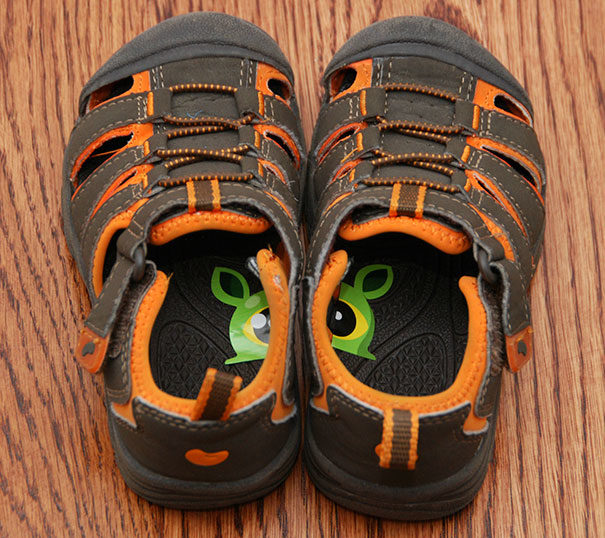Getting out the door in the morning is always a challenge. Put stickers in your toddler's shoes so they can put them on the right feet.
