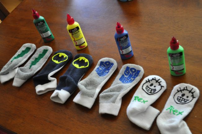 If you have slippery hardwood floors, use puffy paint to draw fun designs on your kid's socks. No more indoor slip 'n slide!