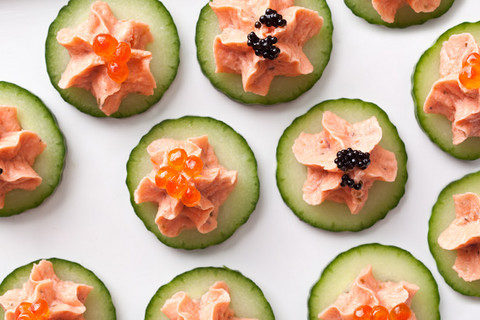 If you'd like to serve something more glamorous, look no further than smoked salmon with caviar on cucumber slices.